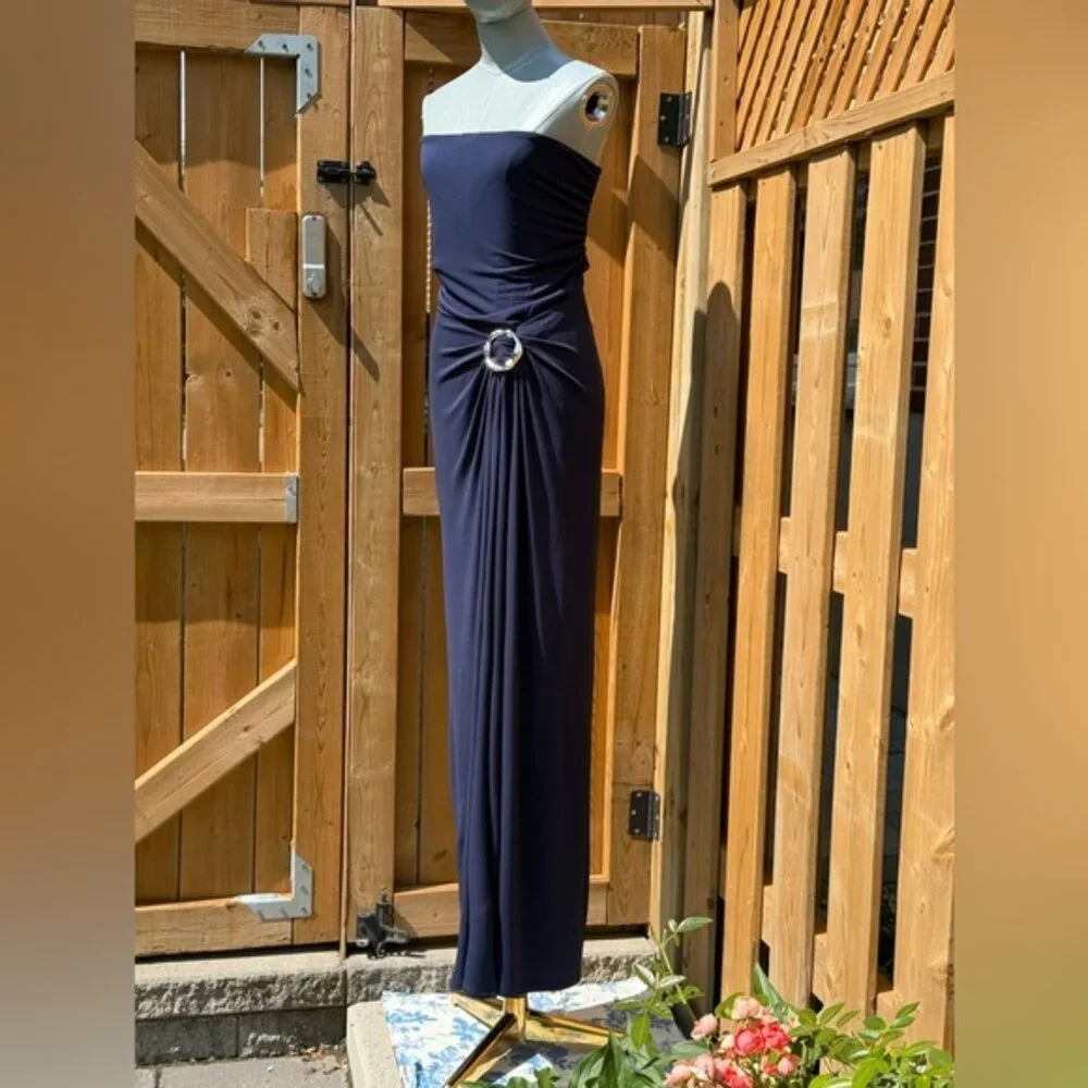 🆕 SIMKHAI 🧿 NWOT Emma Draped Jersey Bustier Midi Dress, Midnight Blue Sz US 12 - Picture 4 of 13